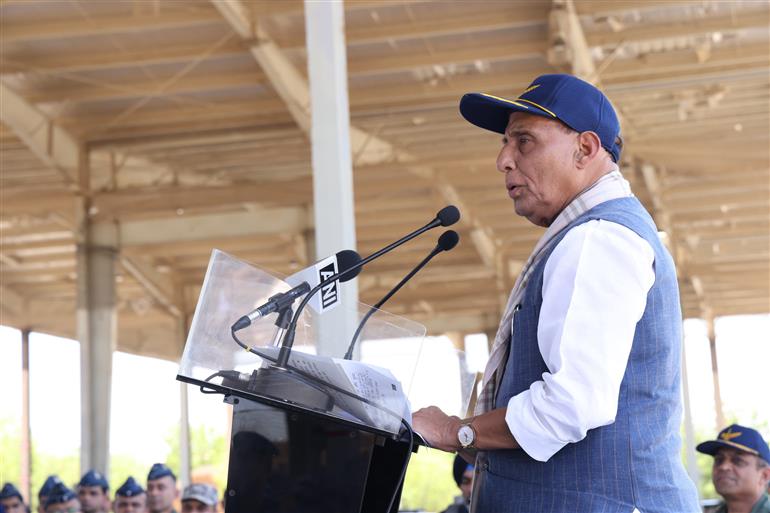 The Union Minister for Defence, Shri Rajnath Singh addressing the air warriors at Bhuj Air Force Station, in Gujarat on May 16, 2025.