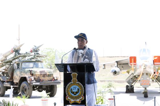 The Union Minister for Defence, Shri Rajnath Singh addressing the air warriors at Bhuj Air Force Station, in Gujarat on May 16, 2025.