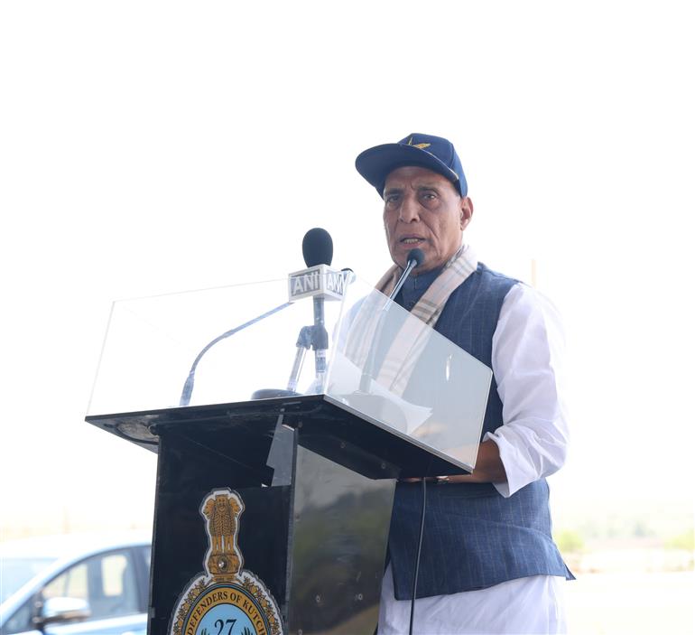 The Union Minister for Defence, Shri Rajnath Singh addressing the air warriors at Bhuj Air Force Station, in Gujarat on May 16, 2025.