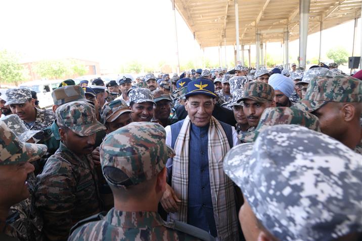The Union Minister for Defence, Shri Rajnath Singh interaction with soldiers at Bhuj Air Force Station, in Gujarat on May 16, 2025.