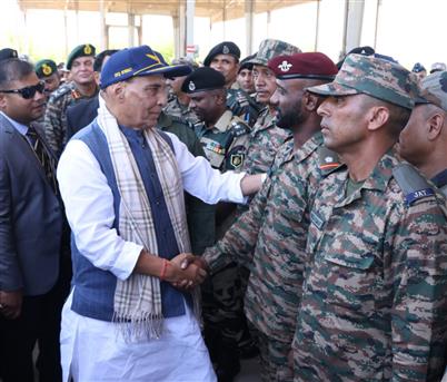 The Union Minister for Defence, Shri Rajnath Singh interaction with soldiers at Bhuj Air Force Station, in Gujarat on May 16, 2025.