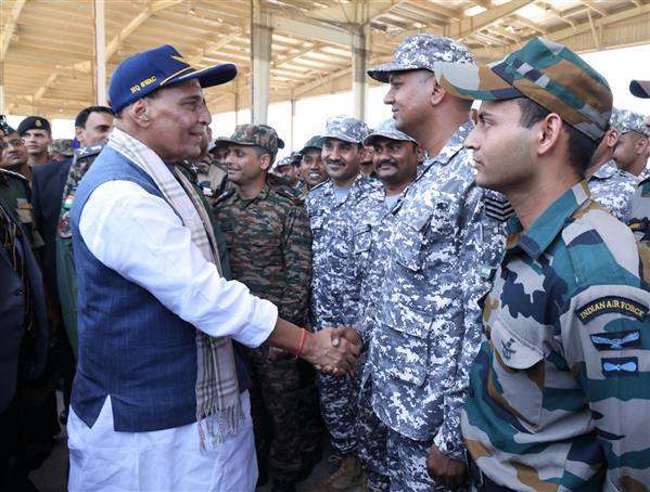 The Union Minister for Defence, Shri Rajnath Singh interaction with soldiers at Bhuj Air Force Station, in Gujarat on May 16, 2025.