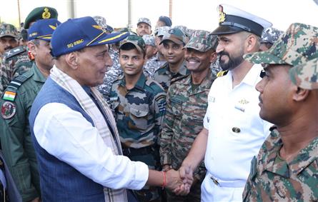 The Union Minister for Defence, Shri Rajnath Singh interaction with soldiers at Bhuj Air Force Station, in Gujarat on May 16, 2025.