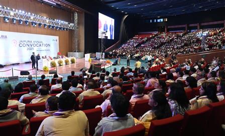 The Vice President of India, Shri Jagdeep Dhankhar addressing the Annual Convocation of Jaipuria Institute of Management at Bharat Mandapam, in New Delhi on May 17, 2025.
