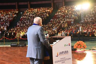 The Vice President of India, Shri Jagdeep Dhankhar addressing the Annual Convocation of Jaipuria Institute of Management at Bharat Mandapam, in New Delhi on May 17, 2025.