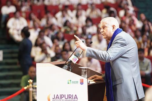 The Vice President of India, Shri Jagdeep Dhankhar addressing the Annual Convocation of Jaipuria Institute of Management at Bharat Mandapam, in New Delhi on May 17, 2025.