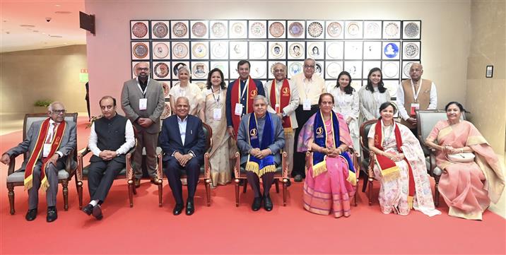 The Vice President of India, Shri Jagdeep Dhankhar in a group photograph at the Annual Convocation of Jaipuria Institute of Management at Bharat Mandapam, in New Delhi on May 17, 2025.