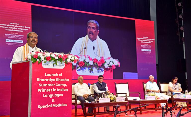 The Union Minister for Education, Shri Dharmendra Pradhan addressing at the launch of Bharatiya Basha Summer Camp Primers in Indian Languages & Special Modules at Rang Bhawan, Akashwani Bhawan, in New Delhi on May 19, 2025.