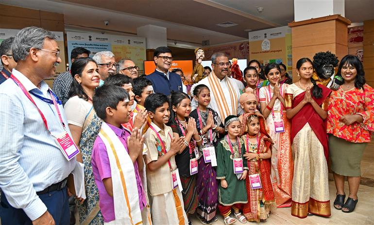 The Union Minister for Education, Shri Dharmendra Pradhan in a group photograph at the launch of Bharatiya Basha Summer Camp Primers in Indian Languages & Special Modules at Rang Bhawan, Akashwani Bhawan, in New Delhi on May 19, 2025.