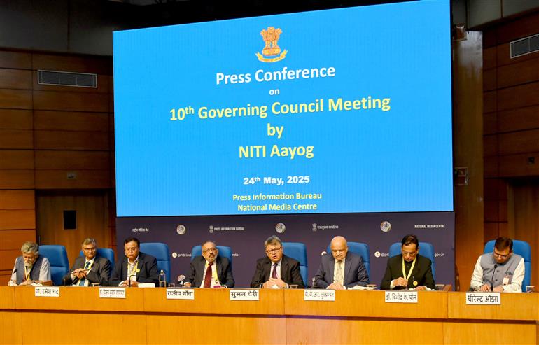 The Vice Chairman, Niti Aayog, Shri Suman K Bery addressing a press conference on the 10th Governing Council Meeting of NITI Aayog at National Media Centre, in New Delhi on May 24, 2025.