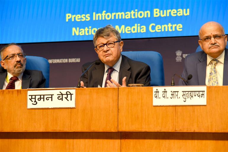 The Vice Chairman, Niti Aayog, Shri Suman K Bery addressing a press conference on the 10th Governing Council Meeting of NITI Aayog at National Media Centre, in New Delhi on May 24, 2025.