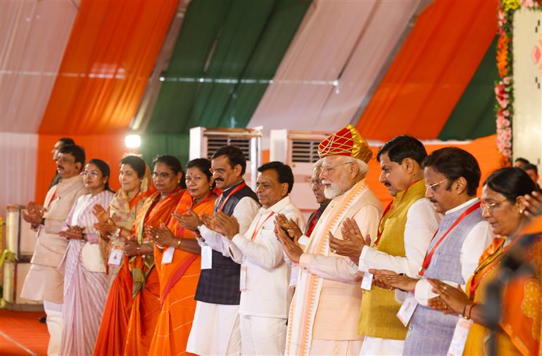 PM lays foundation stone, inaugurates and dedicates multiple development projects at Mahila Sashaktikaran Mahasammelan Programme held on the occasion of 300th birth anniversary of Lokmata Devi Ahilya Bai Holkar at Bhopal, in Madhya Pradesh on May 31, 2025.