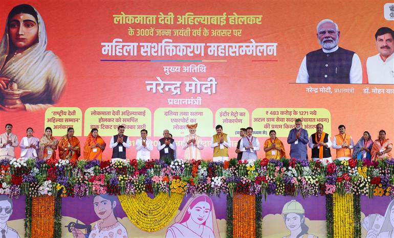 PM lays foundation stone, inaugurates and dedicates multiple development projects at Mahila Sashaktikaran Mahasammelan Programme held on the occasion of 300th birth anniversary of Lokmata Devi Ahilya Bai Holkar at Bhopal, in Madhya Pradesh on May 31, 2025.