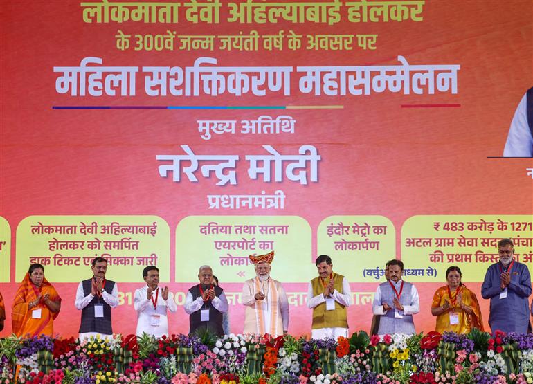 PM lays foundation stone, inaugurates and dedicates multiple development projects at Mahila Sashaktikaran Mahasammelan Programme held on the occasion of 300th birth anniversary of Lokmata Devi Ahilya Bai Holkar at Bhopal, in Madhya Pradesh on May 31, 2025.