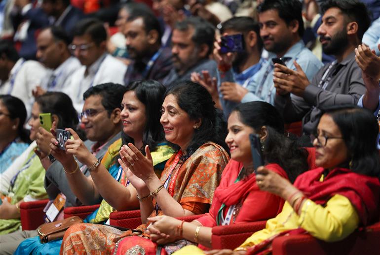 Gathering at the inauguration of the Emerging Science, Technology and Innovation Conclave 2025 at Bharat Mandapam, in New Delhi on November 03, 2025. PM addressing on the occasion.