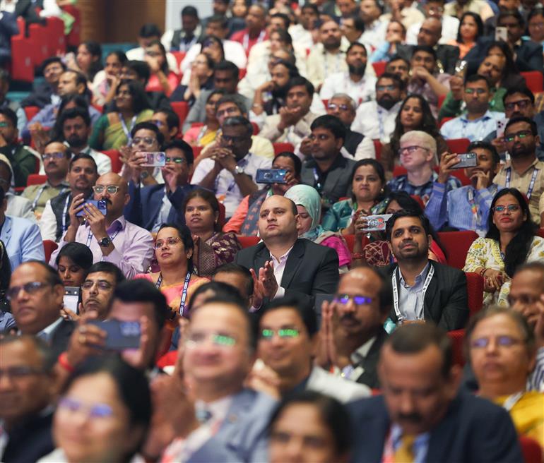 Gathering at the inauguration of the Emerging Science, Technology and Innovation Conclave 2025 at Bharat Mandapam, in New Delhi on November 03, 2025. PM addressing on the occasion.
