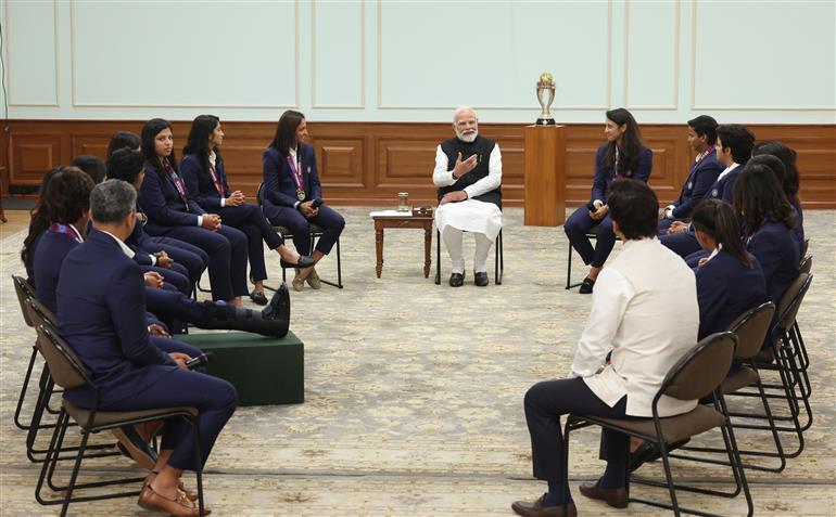 PM interacts with Indian Women Cricket Team Players at 7, Lok Kalyan Marg , in New Delhi on November 05, 2025.