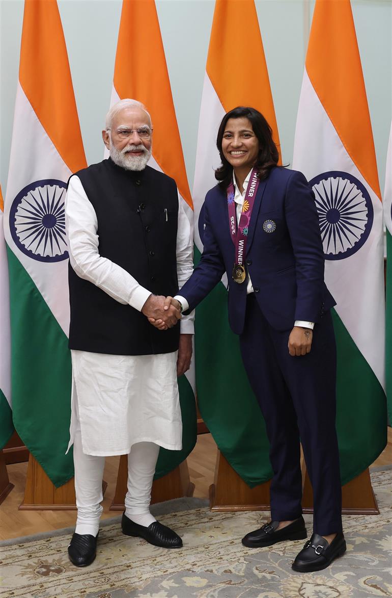 PM shake hands with Indian Women Cricket Team Players at 7, Lok Kalyan Marg, in New Delhi on November 05, 2025.