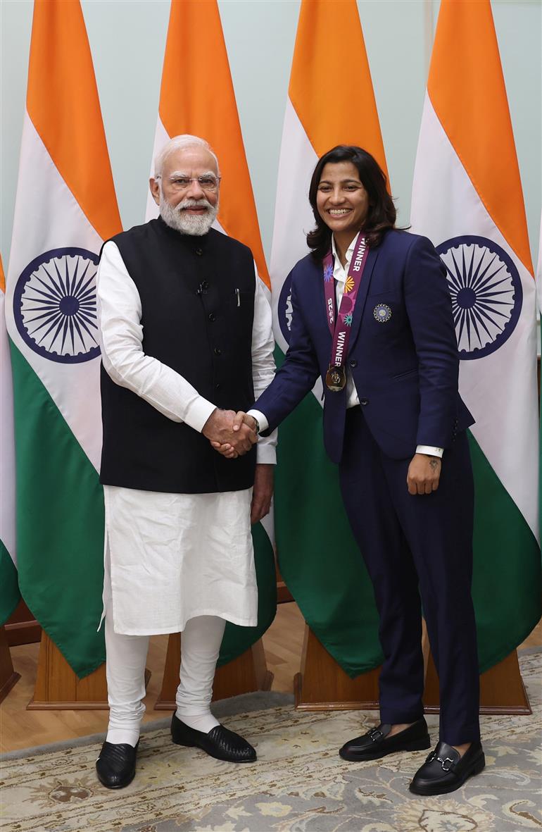 PM shake hands with Indian Women Cricket Team Players at 7, Lok Kalyan Marg, in New Delhi on November 05, 2025.