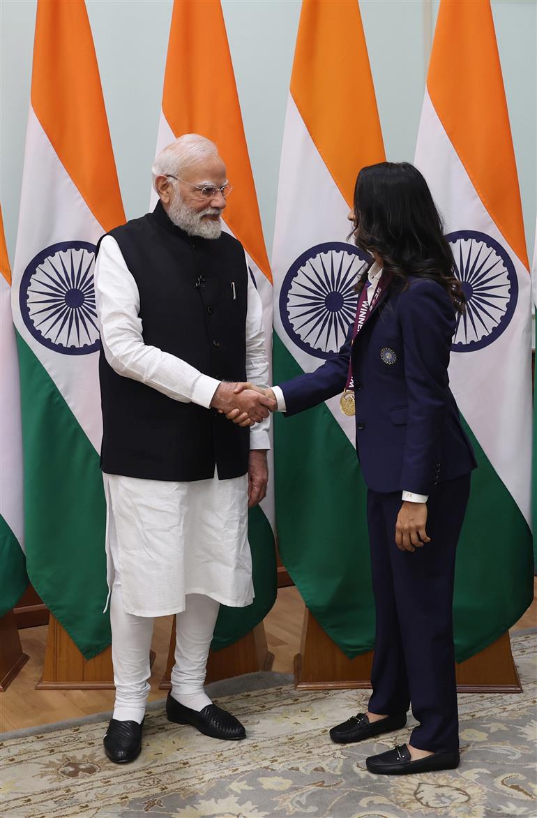 PM shake hands with Indian Women Cricket Team Players at 7, Lok Kalyan Marg, in New Delhi on November 05, 2025.