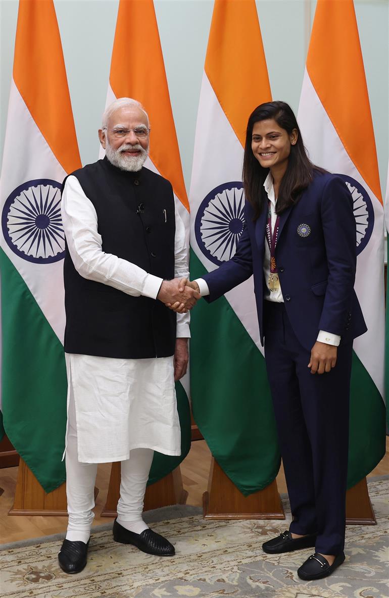 PM shake hands with Indian Women Cricket Team Players at 7, Lok Kalyan Marg, in New Delhi on November 05, 2025.