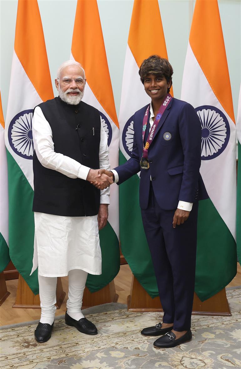 PM shake hands with Indian Women Cricket Team Players at 7, Lok Kalyan Marg, in New Delhi on November 05, 2025.