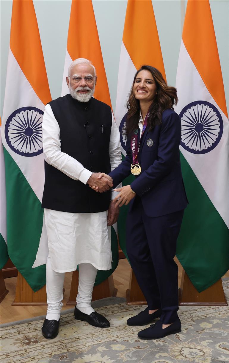 PM shake hands with Indian Women Cricket Team Players at 7, Lok Kalyan Marg, in New Delhi on November 05, 2025.