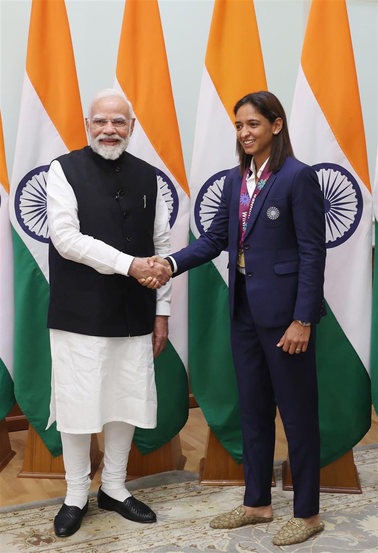 PM shake hands with Indian Women Cricket Team Players at 7, Lok Kalyan Marg, in New Delhi on November 05, 2025.
