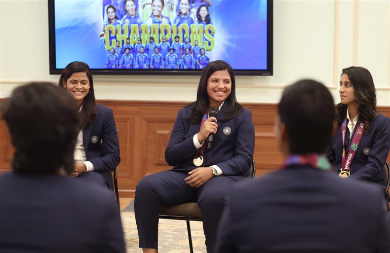 PM interacts with Indian Women Cricket Team Players at 7, Lok Kalyan Marg , in New Delhi on November 05, 2025.