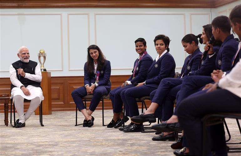 PM interacts with Indian Women Cricket Team Players at 7, Lok Kalyan Marg , in New Delhi on November 05, 2025.
