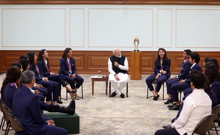 PM interacts with Indian Women Cricket Team Players at 7, Lok Kalyan Marg , in New Delhi on November 05, 2025.