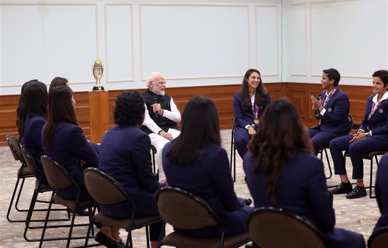 PM interacts with Indian Women Cricket Team Players at 7, Lok Kalyan Marg , in New Delhi on November 05, 2025.