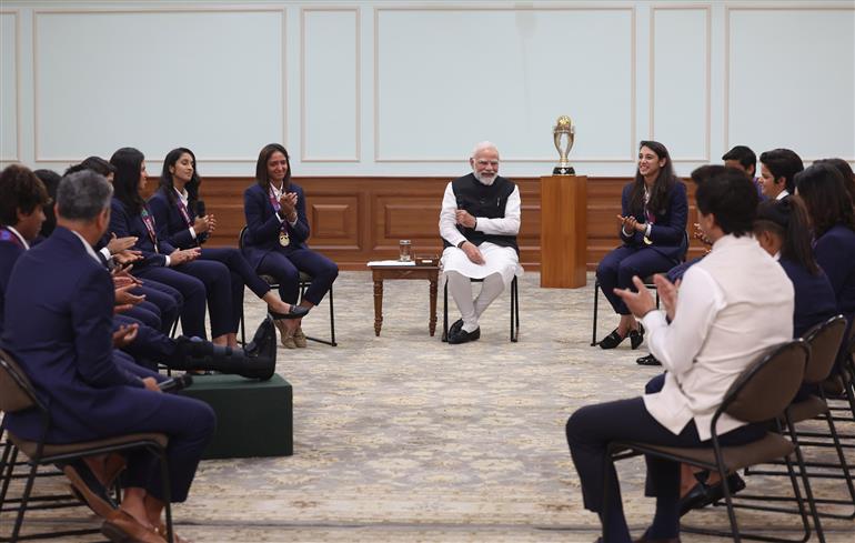 PM interacts with Indian Women Cricket Team Players at 7, Lok Kalyan Marg , in New Delhi on November 05, 2025.