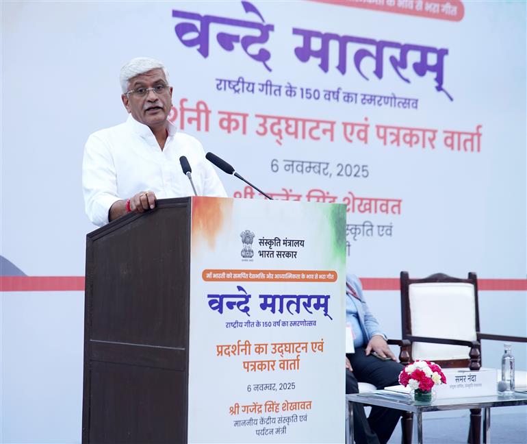 The Union Minister of Culture and Tourism, Shri Gajendra Singh Shekhawat addressing at inauguration of the Vande Mataram Exhibition at Indira Gandhi Indoor Stadium, in New Delhi on November 06, 2025.