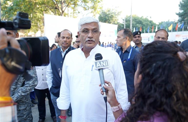 The Union Minister of Culture and Tourism, Shri Gajendra Singh Shekhawat interacting with media at inauguration of the Vande Mataram Exhibition at Indira Gandhi Indoor Stadium, in New Delhi on November 06, 2025.