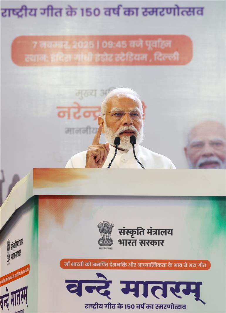 PM addressing at the inauguration of the year-long commemoration of the National Song “Vande Mataram” at the Indira Gandhi Indoor Stadium, in New Delhi on November 07, 2025.