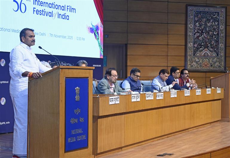 The Minister of State for Information & Broadcasting and Parliamentary Affairs, Dr. L. Murugan addressed the Curtain Raiser Press Conference of International Film Festival of India 2025 at National Media Centre, in New Delhi on November 07, 2025.