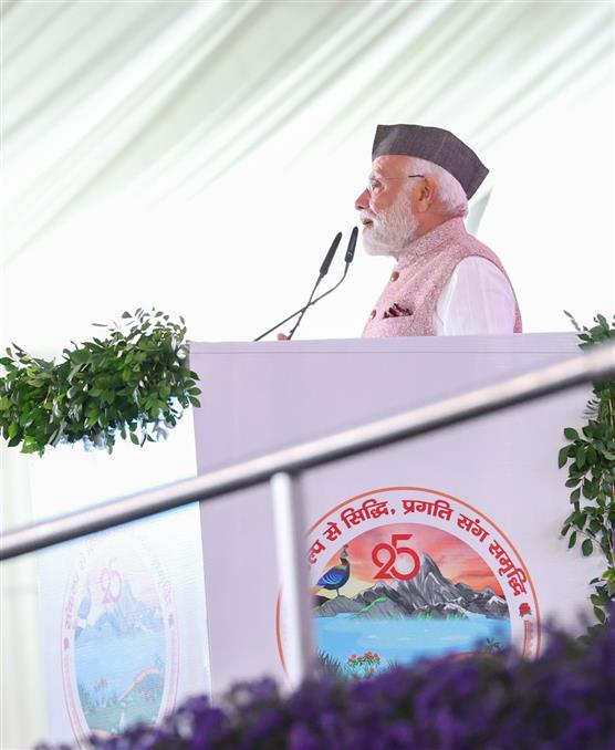 PM addressing in a programme marking the Silver Jubilee Celebration of formation of Uttarakhand, at Dehradun, in Uttarakhand on November 09, 2025.