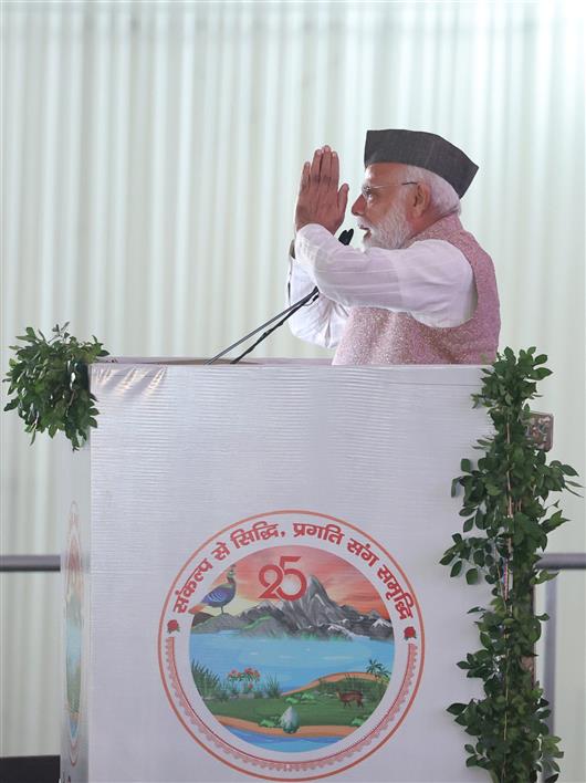 PM addressing in a programme marking the Silver Jubilee Celebration of formation of Uttarakhand, at Dehradun, in Uttarakhand on November 09, 2025.