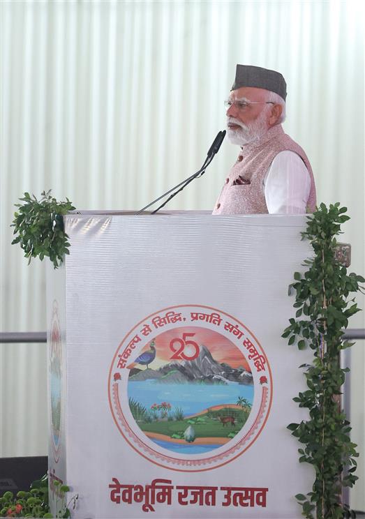 PM addressing in a programme marking the Silver Jubilee Celebration of formation of Uttarakhand, at Dehradun, in Uttarakhand on November 09, 2025.