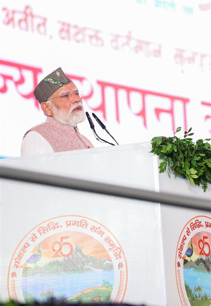 PM addressing in a programme marking the Silver Jubilee Celebration of formation of Uttarakhand, at Dehradun, in Uttarakhand on November 09, 2025.