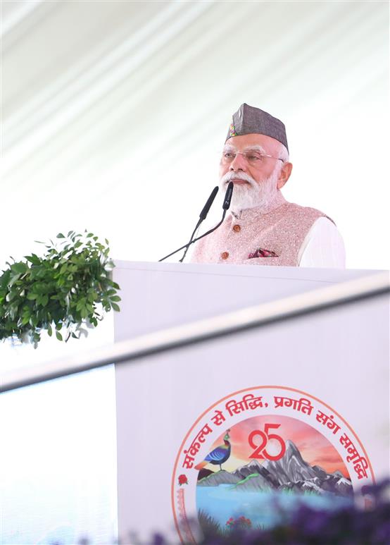 PM addressing in a programme marking the Silver Jubilee Celebration of formation of Uttarakhand, at Dehradun, in Uttarakhand on November 09, 2025.