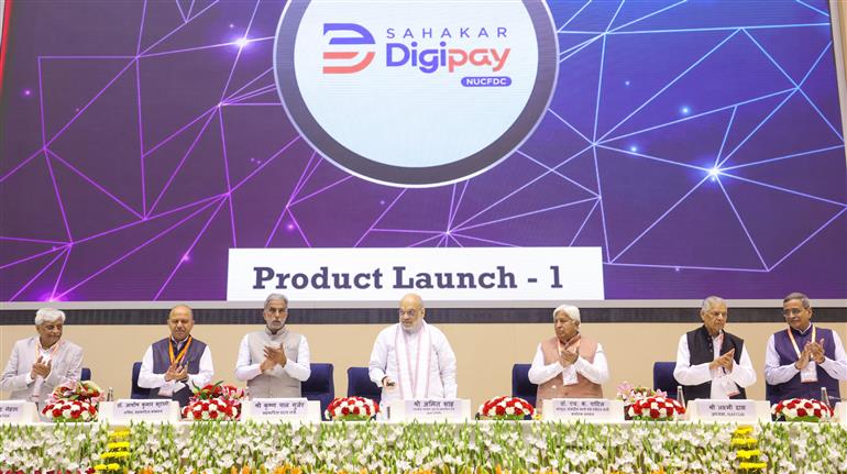 The Union Minister for Home Affairs and Cooperation, Shri Amit Shah launches the ‘Sahkar Digi-Pay’ and ‘Sahkar Digi-Loan’ apps during the international conference on the urban cooperative credit sector, ‘Co-Op Kumbh 2025’ in New Delhi on November 10, 2025.