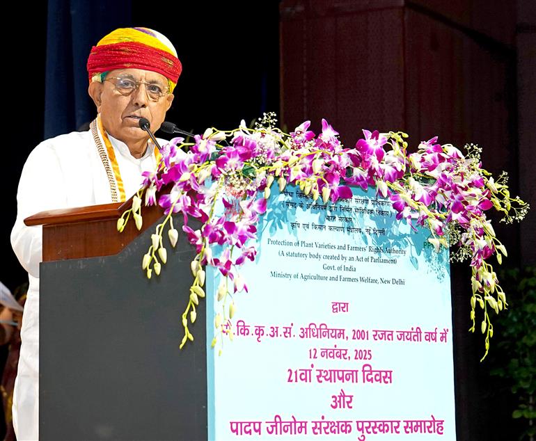 The Minister of State for Agriculture and Farmers Welfare, Shri Bhagirath Choudhary addressing the Plant Genome Guardian Awards Ceremony and Silver Jubilee of PPVFRA Act, 2001 and 21st Foundation Day of Protection of Plant Varieties and Farmers’ Rights Authority (PPVFRA) at C. Subramaniam Auditorium, Pusa Campus, in New Delhi on November 12, 2025.