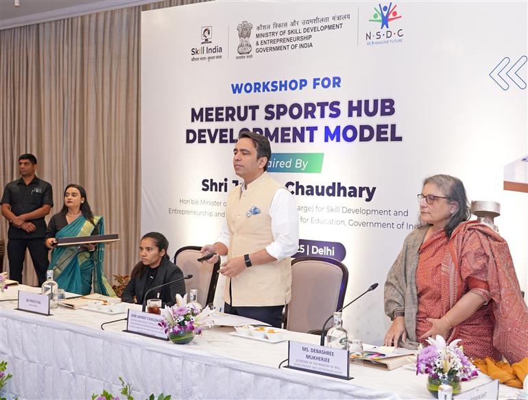 The Minister of State (Independent Charge) for Skill Development and Entrepreneurship & Education, Shri Jayant Chaudhary launches the workshop for Meerut Sports Hub Development Model under the ODOP (Sports Goods) initiative organised by the Ministry of Skill Development and Entrepreneurship (MSDE), in New Delhi on November 14, 2025.