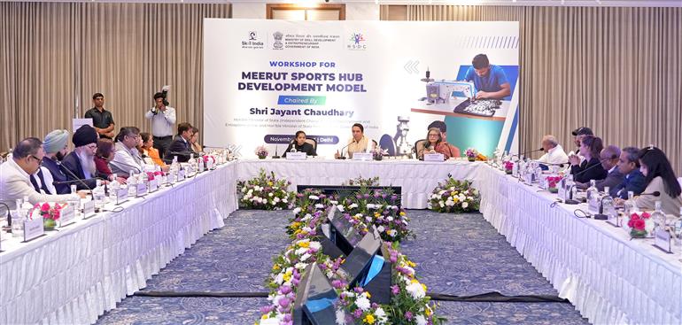 The Minister of State (Independent Charge) for Skill Development and Entrepreneurship & Education, Shri Jayant Chaudhary chairs the workshop for Meerut Sports Hub Development Model under the ODOP (Sports Goods) initiative organised by the Ministry of Skill Development and Entrepreneurship (MSDE), in New Delhi on November 14, 2025.
