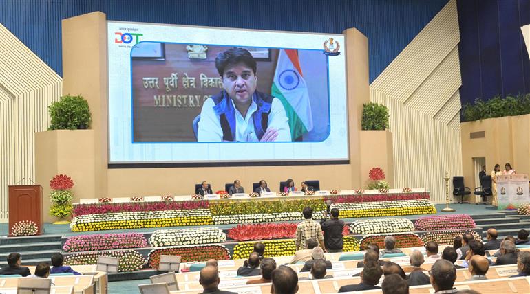 The Union Minister of Communications and Development of North Eastern Region (DoNER), Shri Jyotiraditya M. Scindia addressing the 60th Foundation Year - Diamond Jubilee Ceremony of the Indian Telecommunications Service (ITS) via Video Conferencing at Vigyan Bhawan, in New Delhi on November 14, 2025.