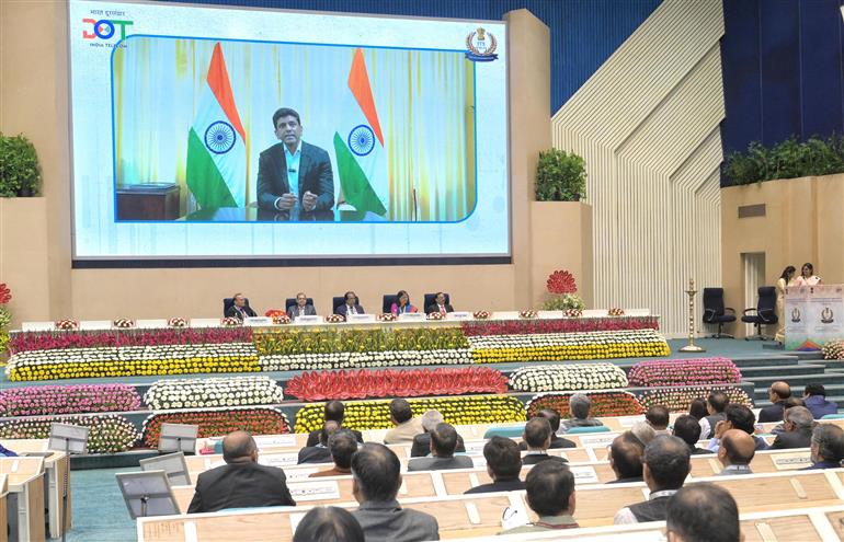 The Minister of State for Rural Development and Communications, Dr. Chandra Sekhar Pemmasani addressing the 60th Foundation Year - Diamond Jubilee Ceremony of the Indian Telecommunications Service (ITS) via Video Conferencing at Vigyan Bhawan, in New Delhi on November 14, 2025.