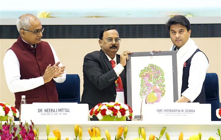 The Union Minister of Communications and Development of North Eastern Region (DoNER), Shri Jyotiraditya M. Scindia attends the 60th Foundation Year - Diamond Jubilee Ceremony of the Indian Telecommunications Service (ITS) at Vigyan Bhawan, in New Delhi on November 14, 2025.