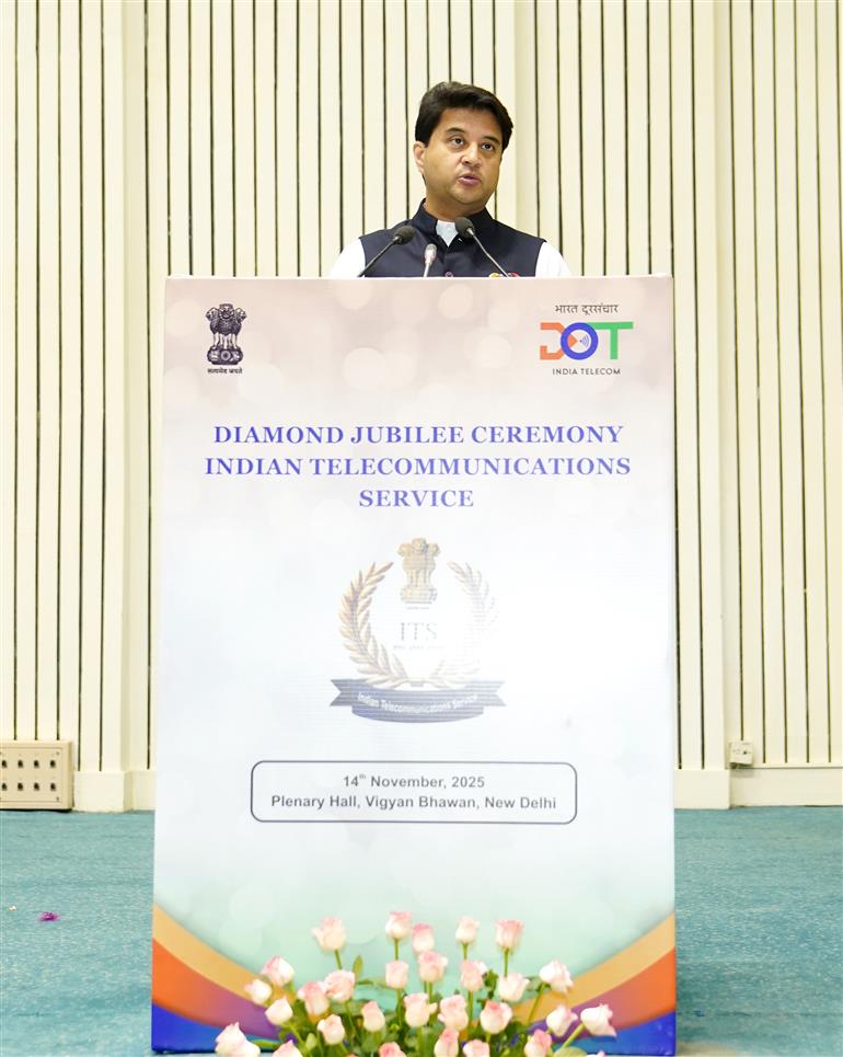 The Union Minister of Communications and Development of North Eastern Region (DoNER), Shri Jyotiraditya M. Scindia addressing the 60th Foundation Year - Diamond Jubilee Ceremony of the Indian Telecommunications Service (ITS) at Vigyan Bhawan, in New Delhi on November 14, 2025.